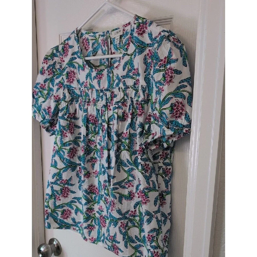 J. Crew 100% Cotton White Floral Puff-Sleeve Blouse Size PM